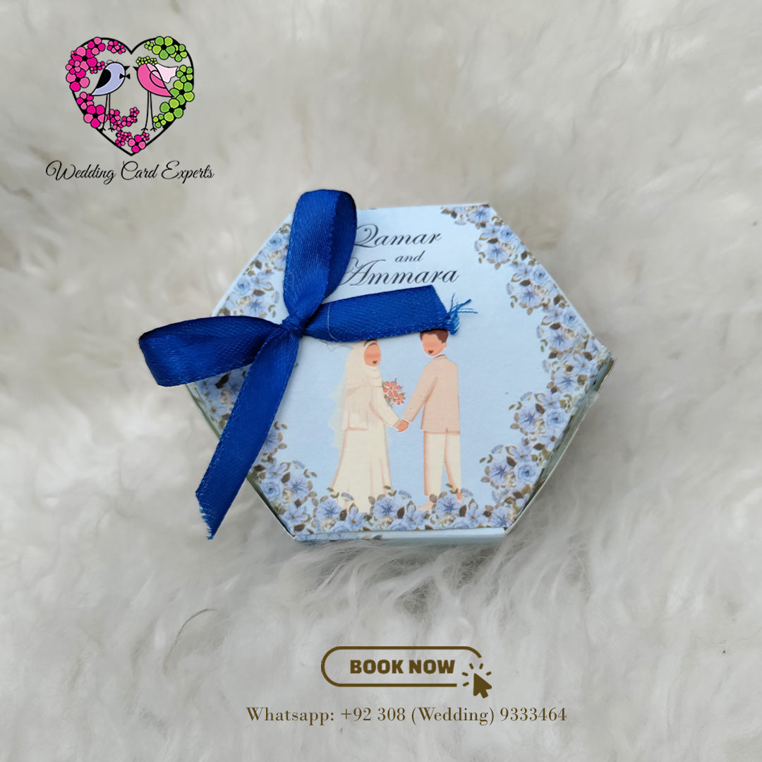Blue Hexagon Wedding Bid Box with Cute Digital Couple Illustration & Ribbon Knot | Wedding Card Experts