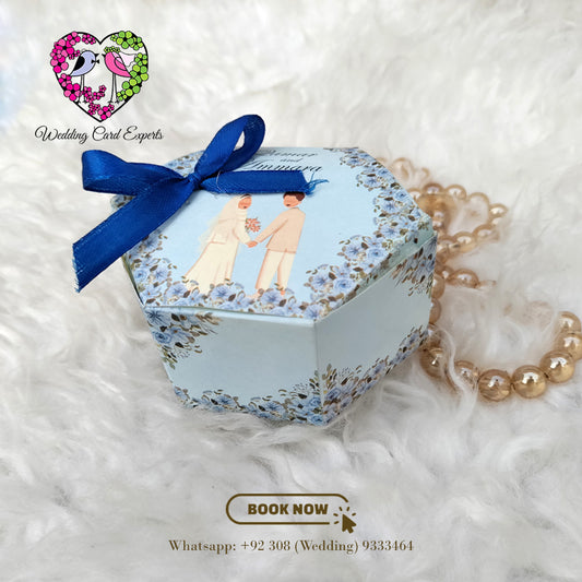 Blue Hexagon Wedding Bid Box with Cute Digital Couple Illustration & Ribbon Knot | Wedding Card Experts