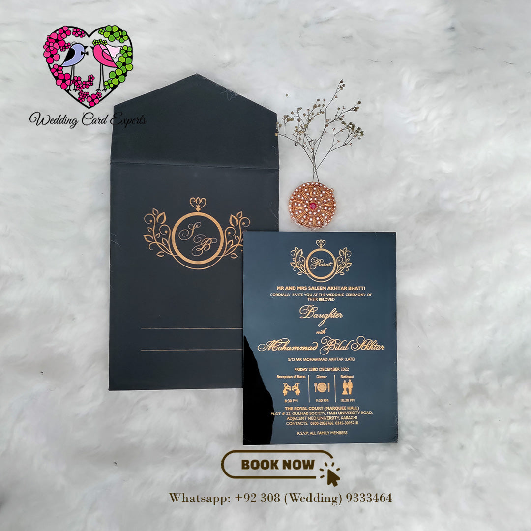 Elegant Black & Gold Wedding Invitation with Black Acrylic | Wedding Cars Pakistan | Wedding Card Experts