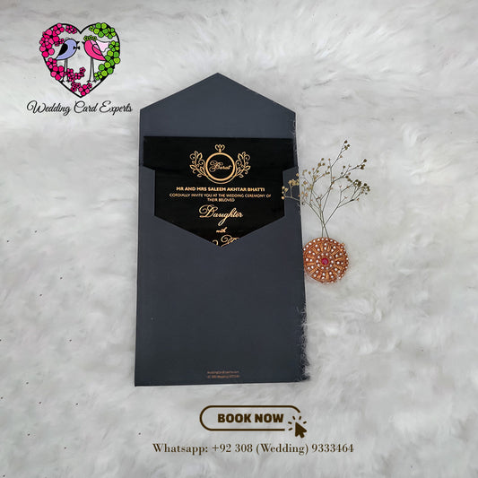 Elegant Black & Gold Wedding Invitation with Black Acrylic | Wedding Cars Pakistan | Wedding Card Experts