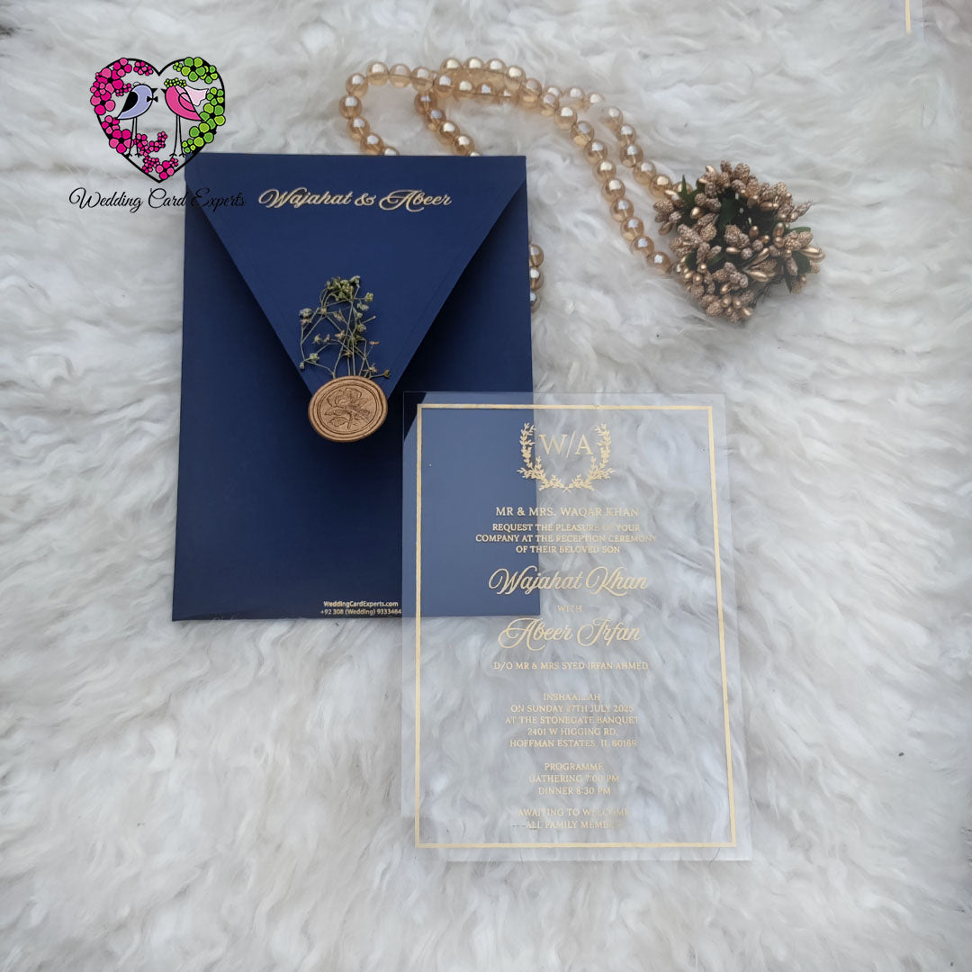 Timeless Glow – Transparent Acrylic Wedding Card with Royal Blue Elegance