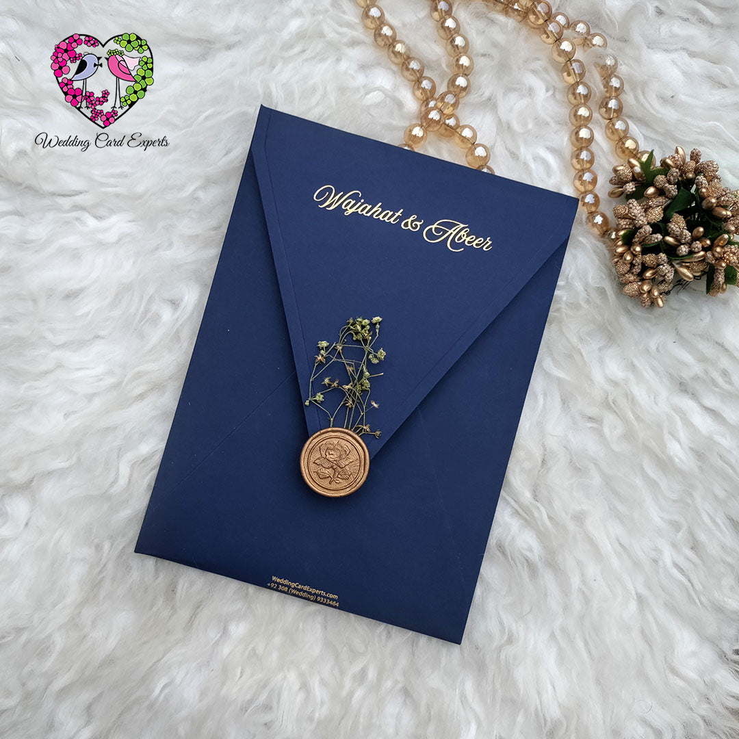 Timeless Glow – Transparent Acrylic Wedding Card with Royal Blue Elegance
