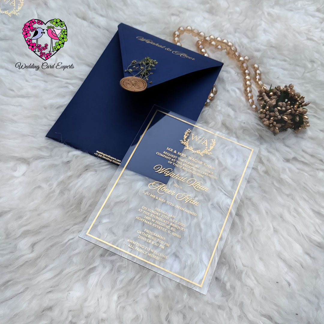 Timeless Glow – Transparent Acrylic Wedding Card with Royal Blue Elegance