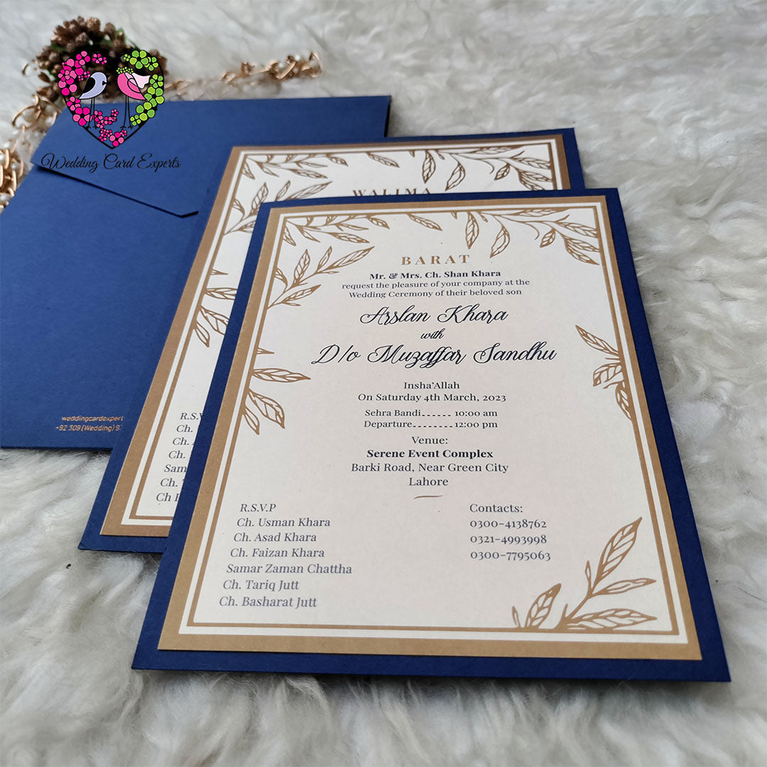 Blue & Gold Theme Floral Wedding Invitation – Pakistani Wedding Cards