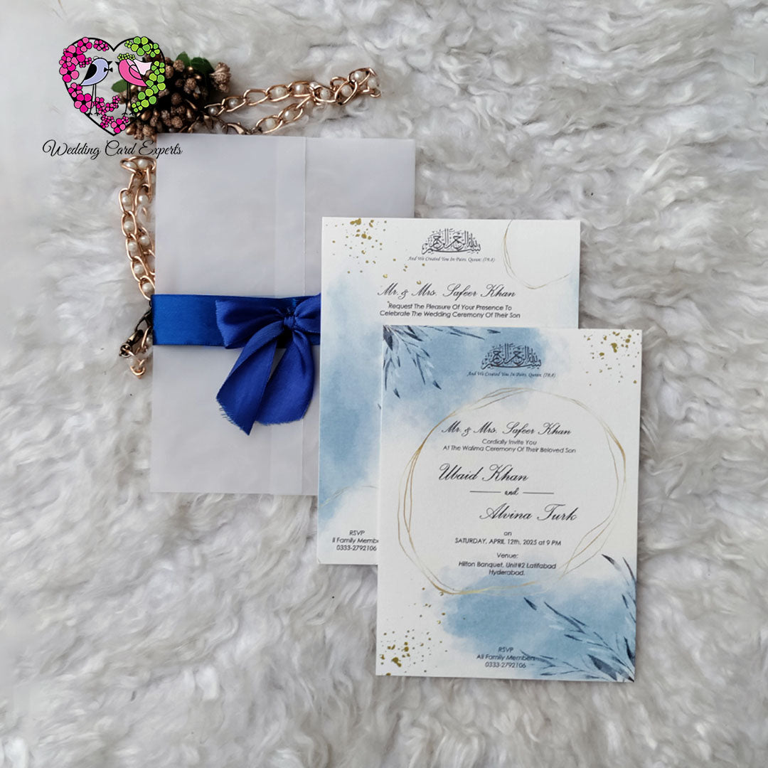 Blue Themed Wedding Invitation – Vellum Paper with Ribbon | Pakistani Wedding Cards