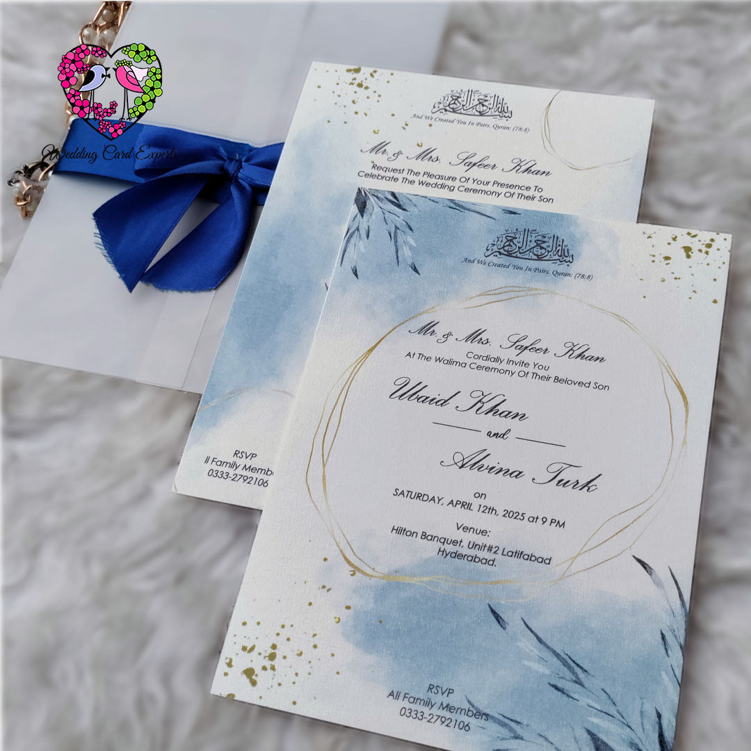 Blue Themed Wedding Invitation – Vellum Paper with Ribbon | Pakistani Wedding Cards