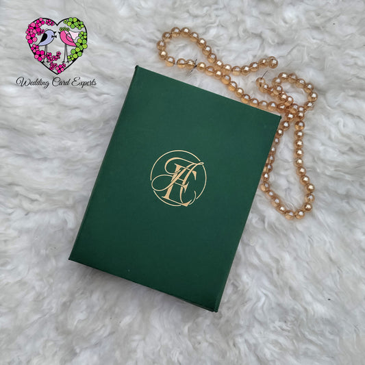 Green Wedding Card box with gold monogram, Custom Box Wedding Invitation, Wedding Card Pakistan