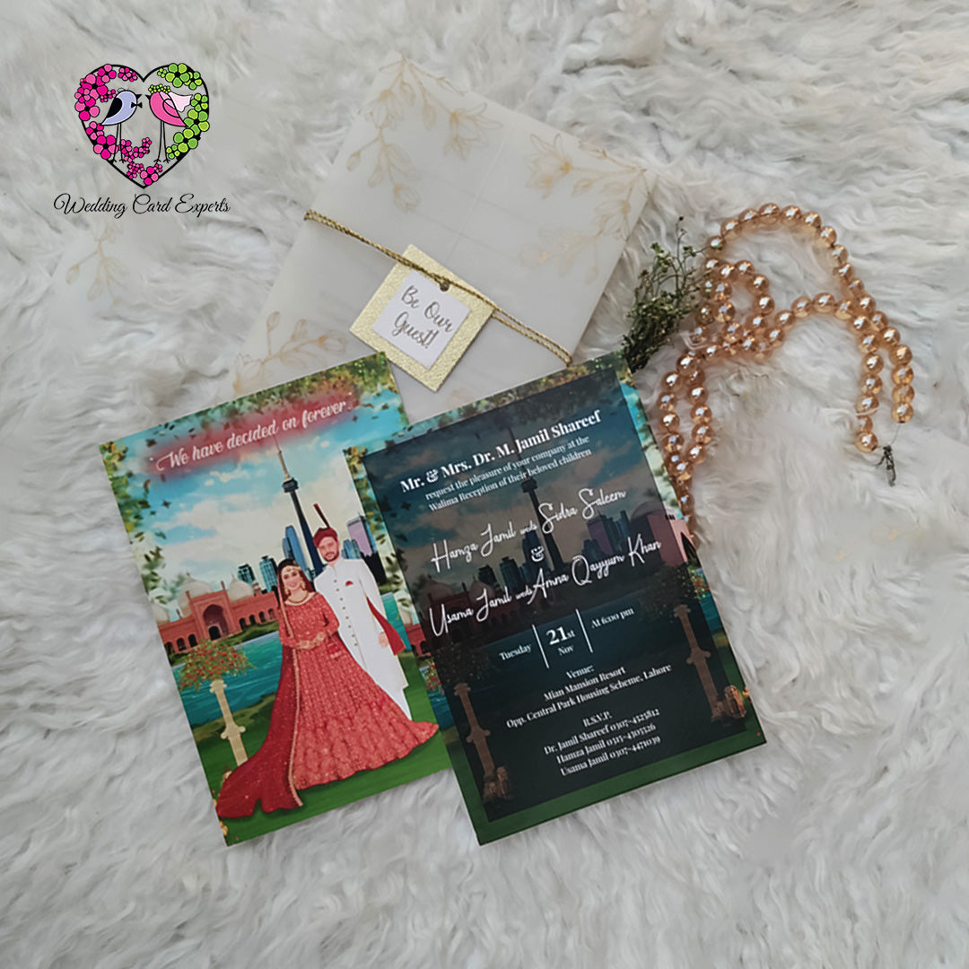 Flat lay of caricature wedding invitation set, vellum wrap, gold twine, illustrated couple card, unique Pakistani wedding card design, Wedding Card Experts