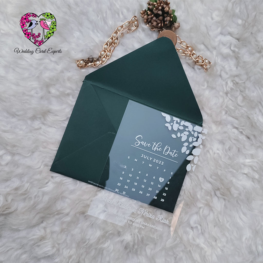 Acrylic Wedding Invitation with Green Envelope & Wax Seal – Luxury Wedding Card Online