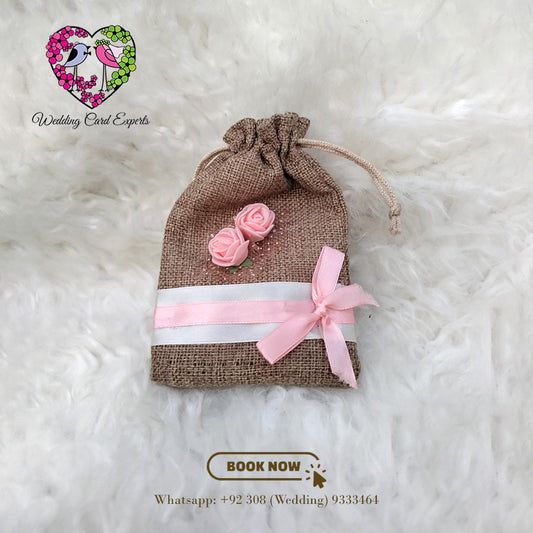 Jute bag with pink ribbon and flowers, Jute Pouch, Nikkah Pouch, Giveaways Pouch, Bid Box, Custom Bid Boxes, Nikkah Boxes