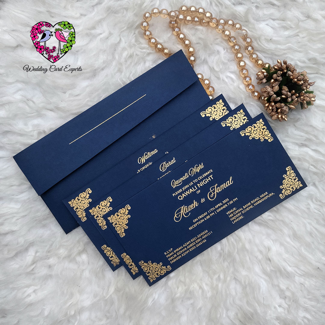 Blue & Gold Minimalistic Wedding Invitation – 3 Event Card Set | Wedding Card Experts
