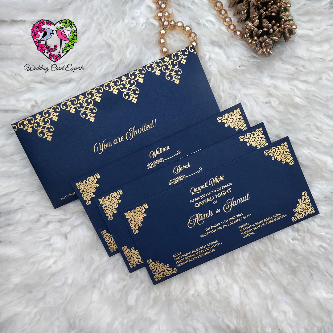 Blue & Gold Minimalistic Wedding Invitation – 3 Event Card Set | Wedding Card Experts