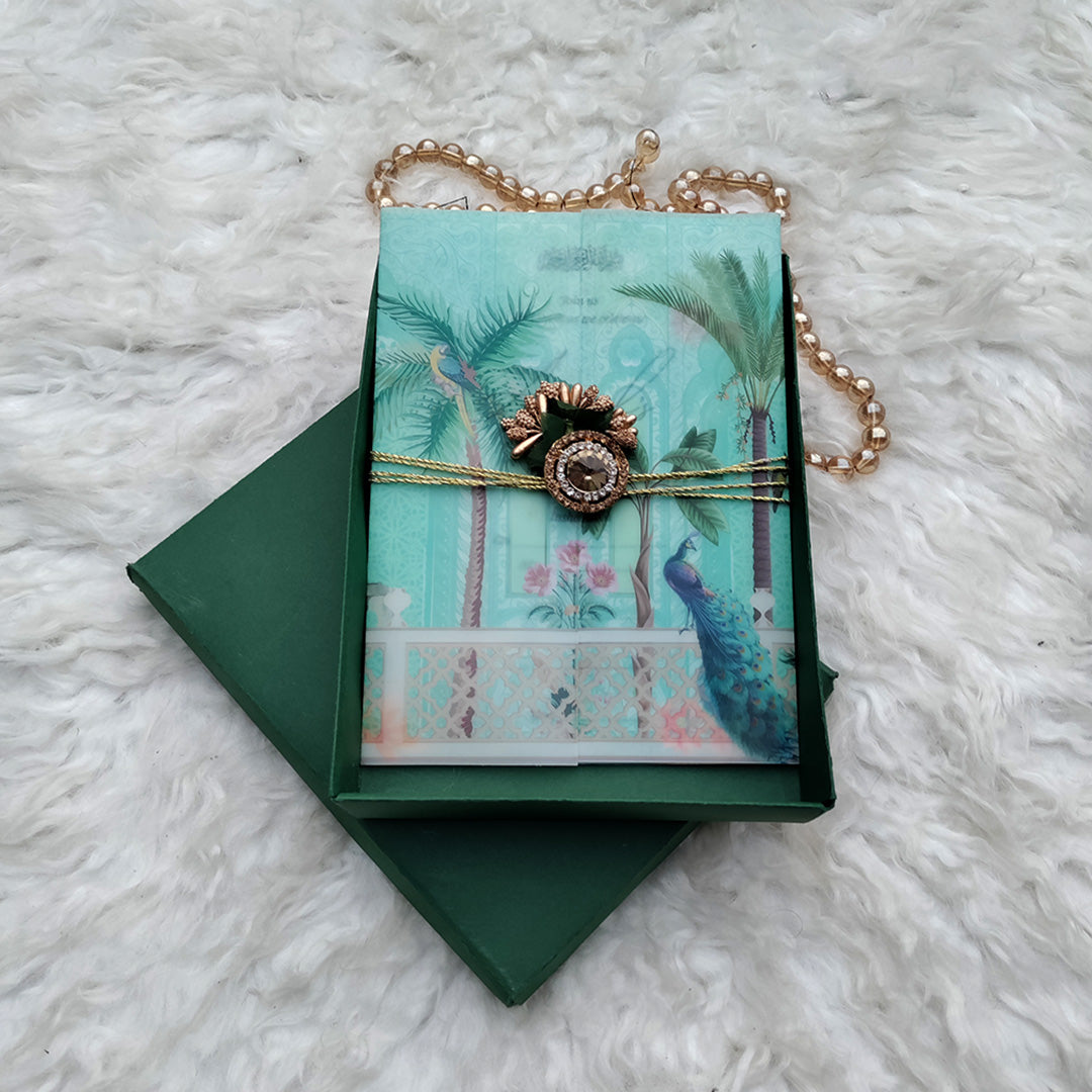 Decorative box with a peacock theme, Wedding Invitation, Perfect invite for your new beginning