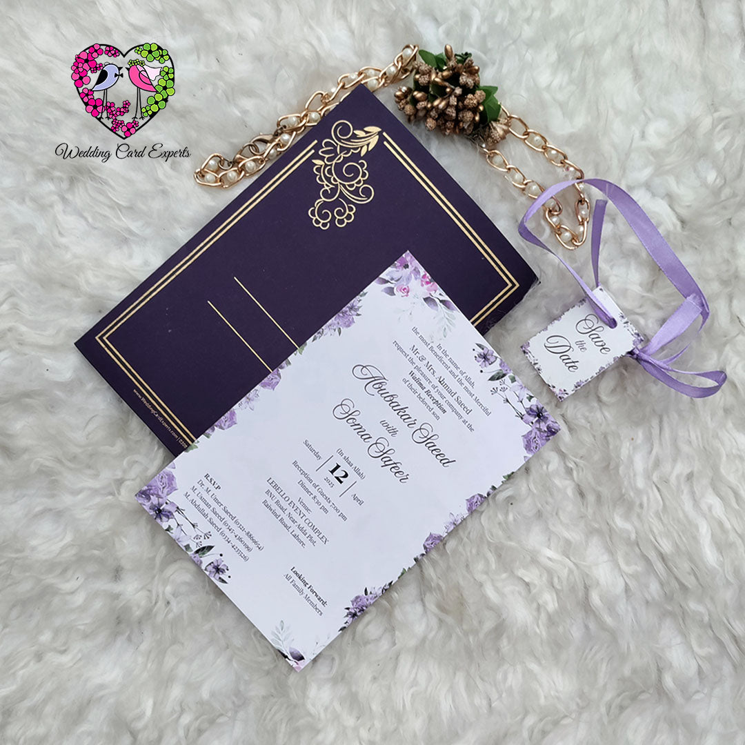 Purple-Themed Tri-Fold Wedding Invitation with Custom Name Tag & Ribbon Knot