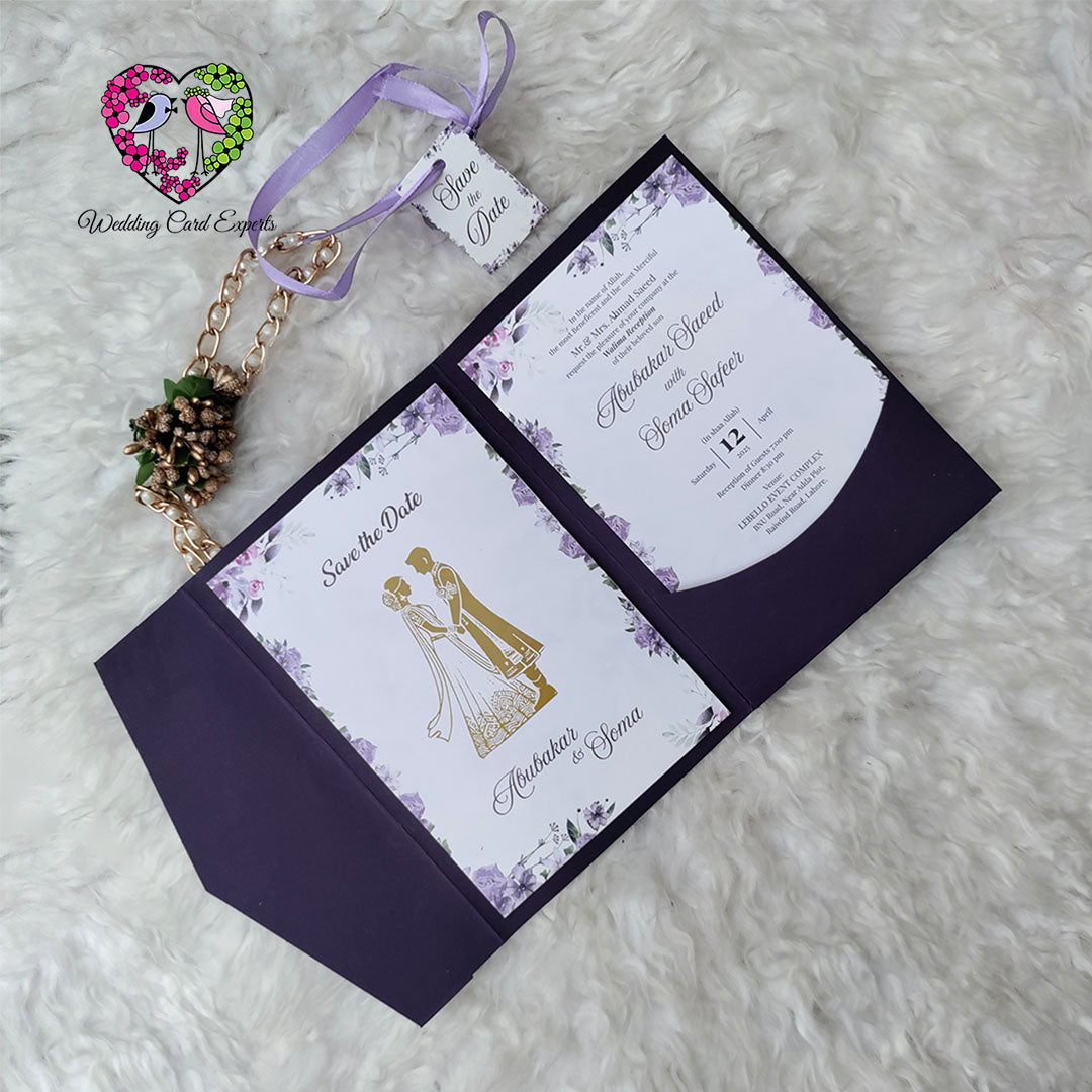 Purple-Themed Tri-Fold Wedding Invitation with Custom Name Tag & Ribbon Knot