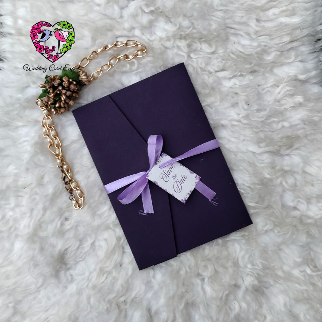 Purple-Themed Tri-Fold Wedding Invitation with Custom Name Tag & Ribbon Knot