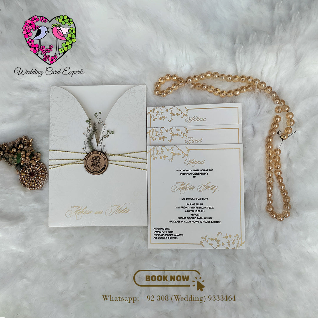 Trendy Wedding Invitation with Wax Seal and Organic Floral Decor | Wedding Cards Pakistan | Wedding Card Experts