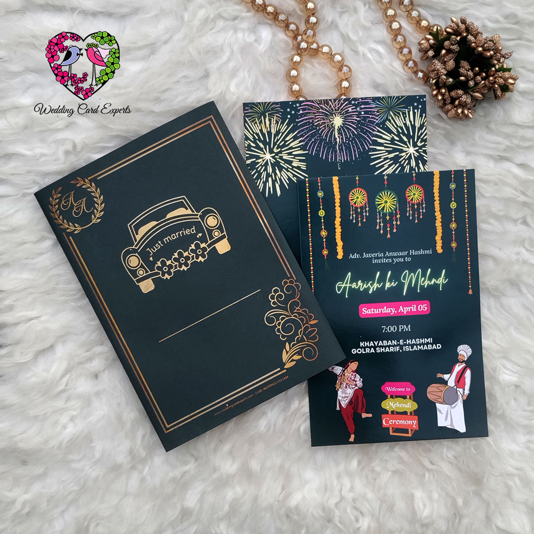 Tri-Fold Themed Wedding Invitation – Vibrant Digital Design for Mehndi, Barat & Walima