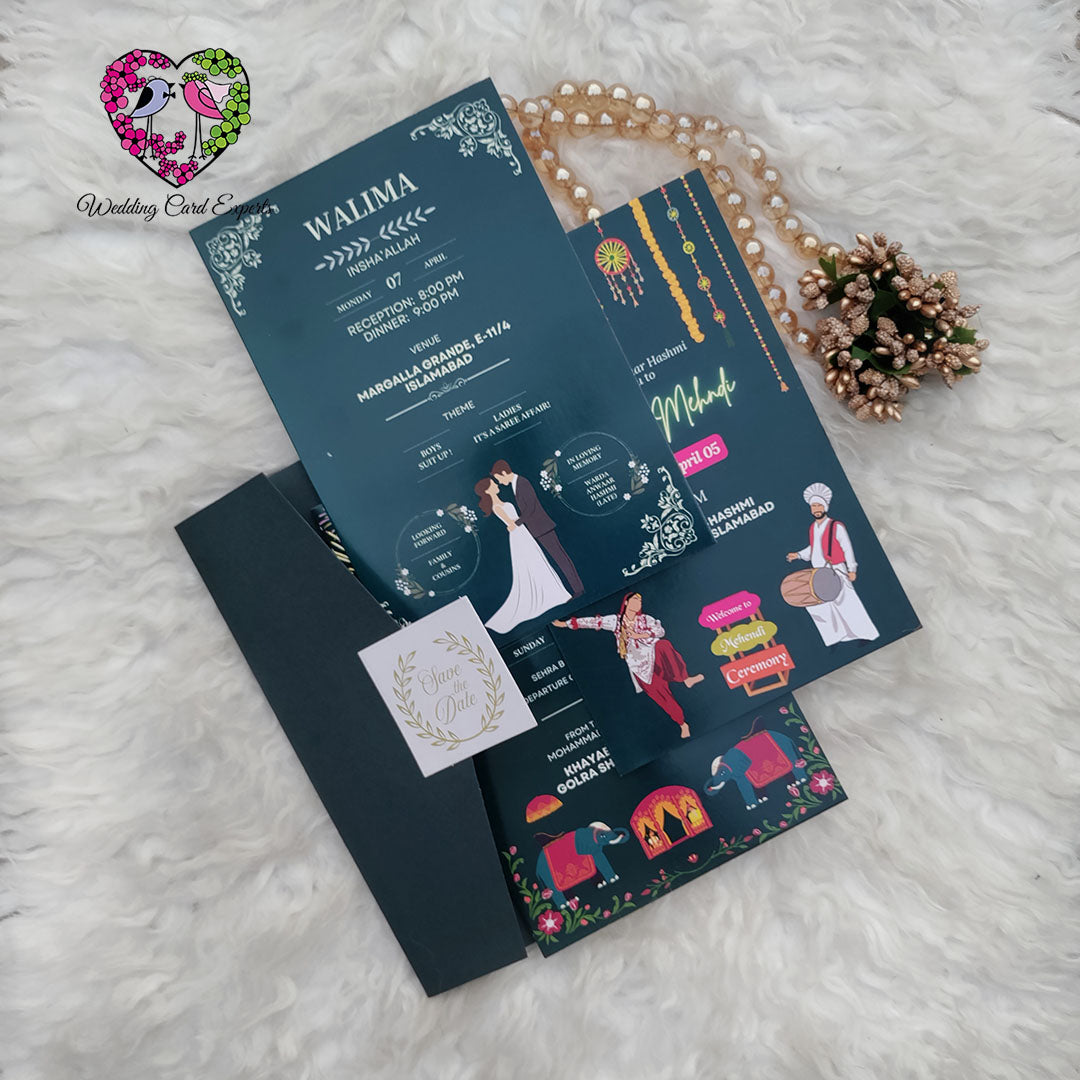 Tri-Fold Themed Wedding Invitation – Vibrant Digital Design for Mehndi, Barat & Walima