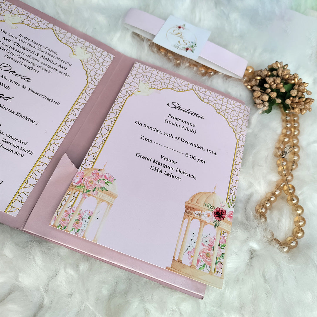 Trendy Shiny Pearl Tri-Fold Wedding Invitation with Digitally Printed Event Inserts | Wedding Card Experts | Wedding Cards Pakistan
