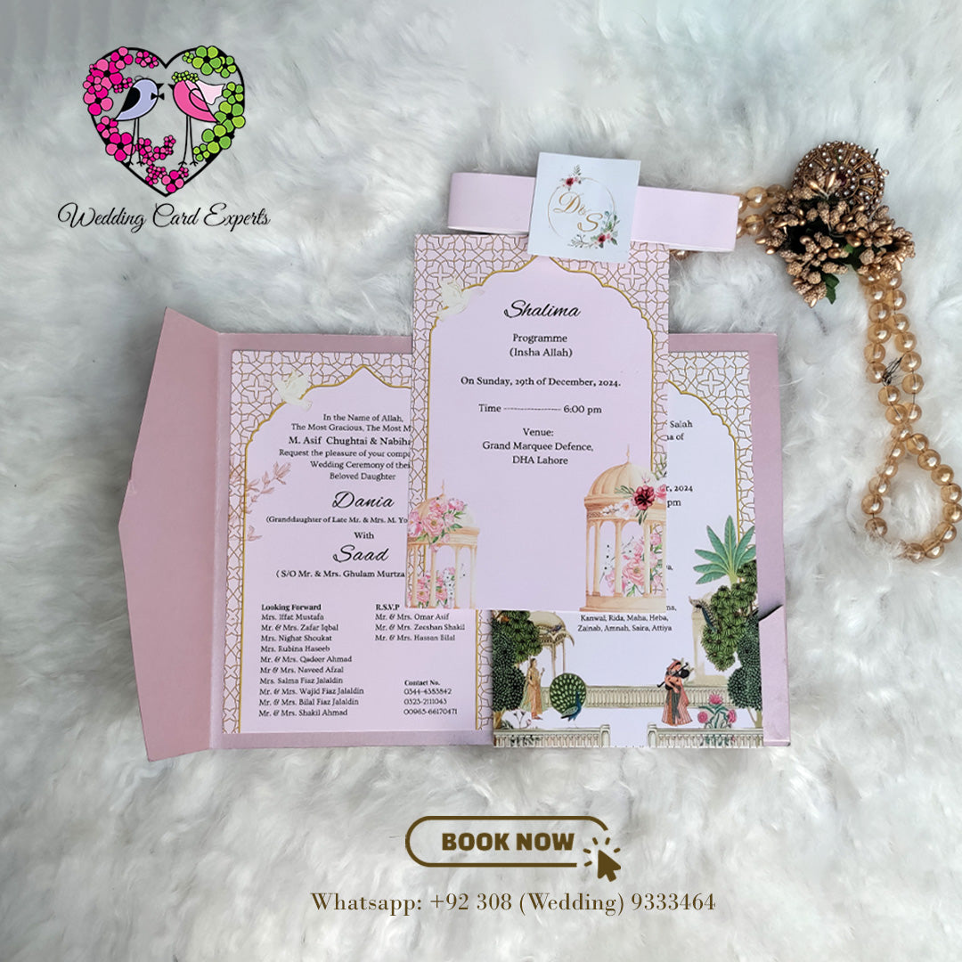 Trendy Shiny Pearl Tri-Fold Wedding Invitation with Digitally Printed Event Inserts | Wedding Card Experts | Wedding Cards Pakistan