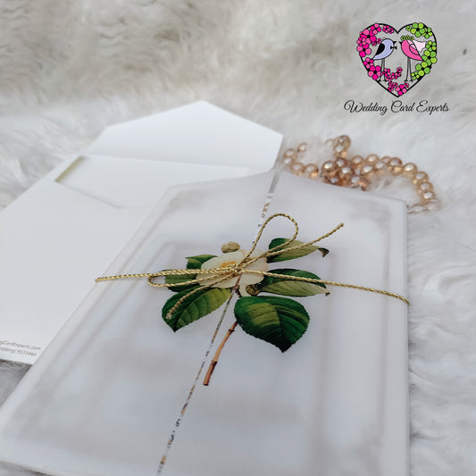 Botinical Printed Vellum Paper Wedding Invitation wrapped with Golden Twine, Wedding Cards Pakistan, Wedding Card Experts, Custom Wedding Invitation