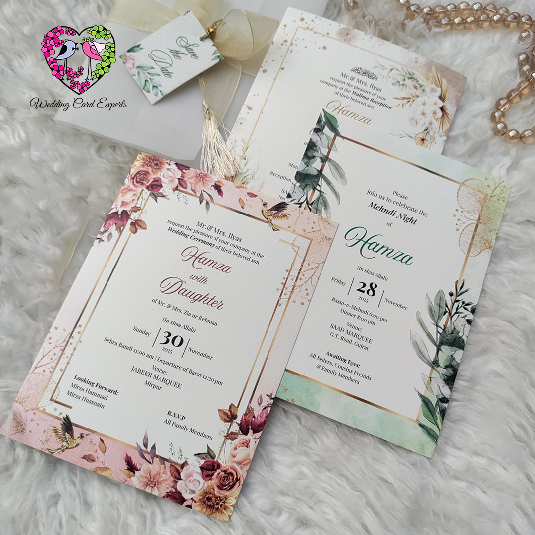 Complete Pakistani wedding invitation set, vellum wrap, Barat insert card, Mehndi Night insert card, save the date tag, gold bow, Wedding Card Experts