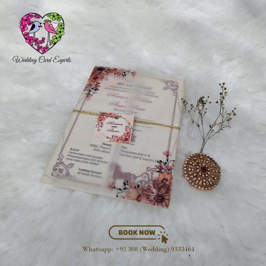 Floral Printed Vellum Paper Wedding Invitation with Golden Twine Wrapping | Wedding Cards Pakistan | Wedding Card Experts