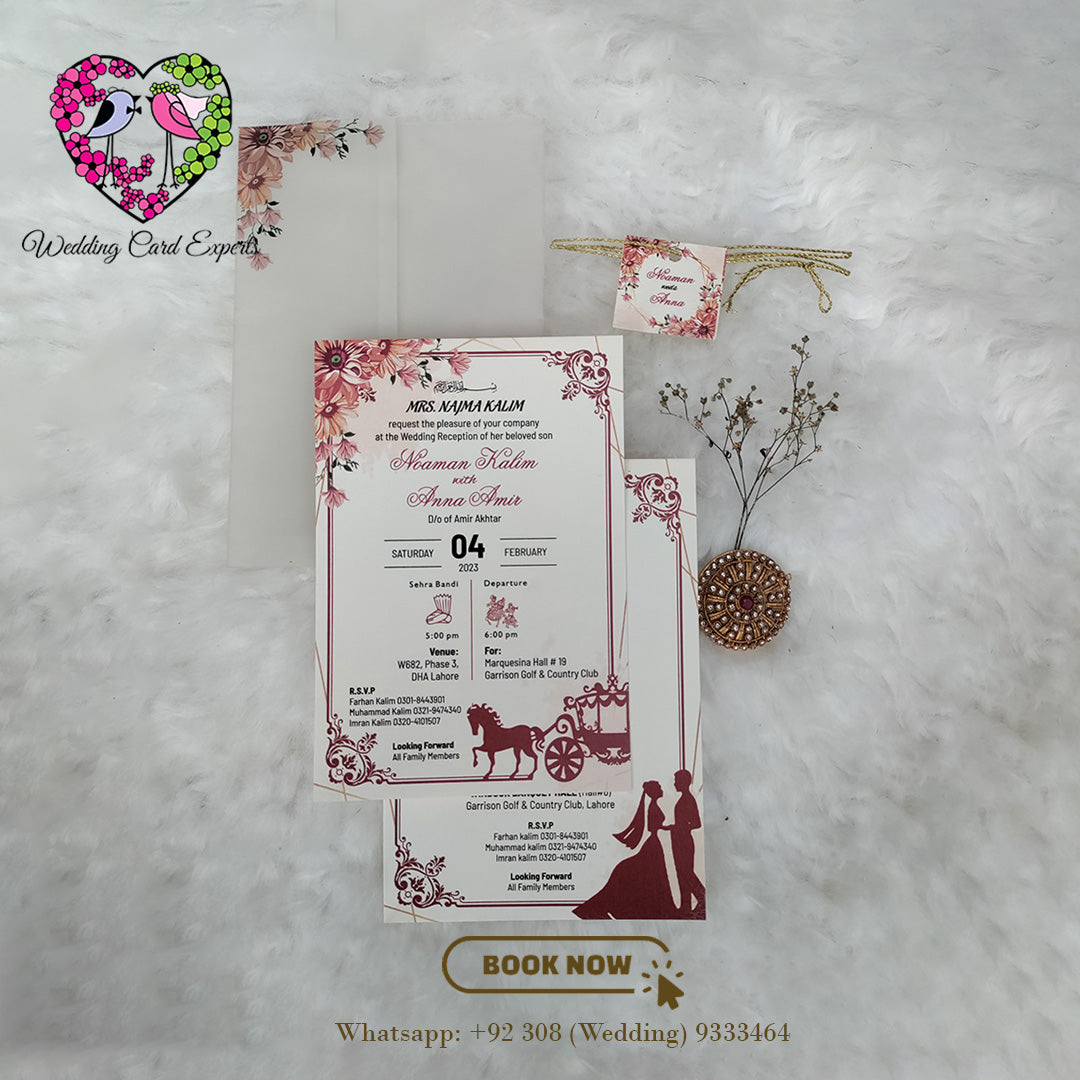 Floral Printed Vellum Paper Wedding Invitation with Golden Twine Wrapping | Wedding Cards Pakistan | Wedding Card Experts