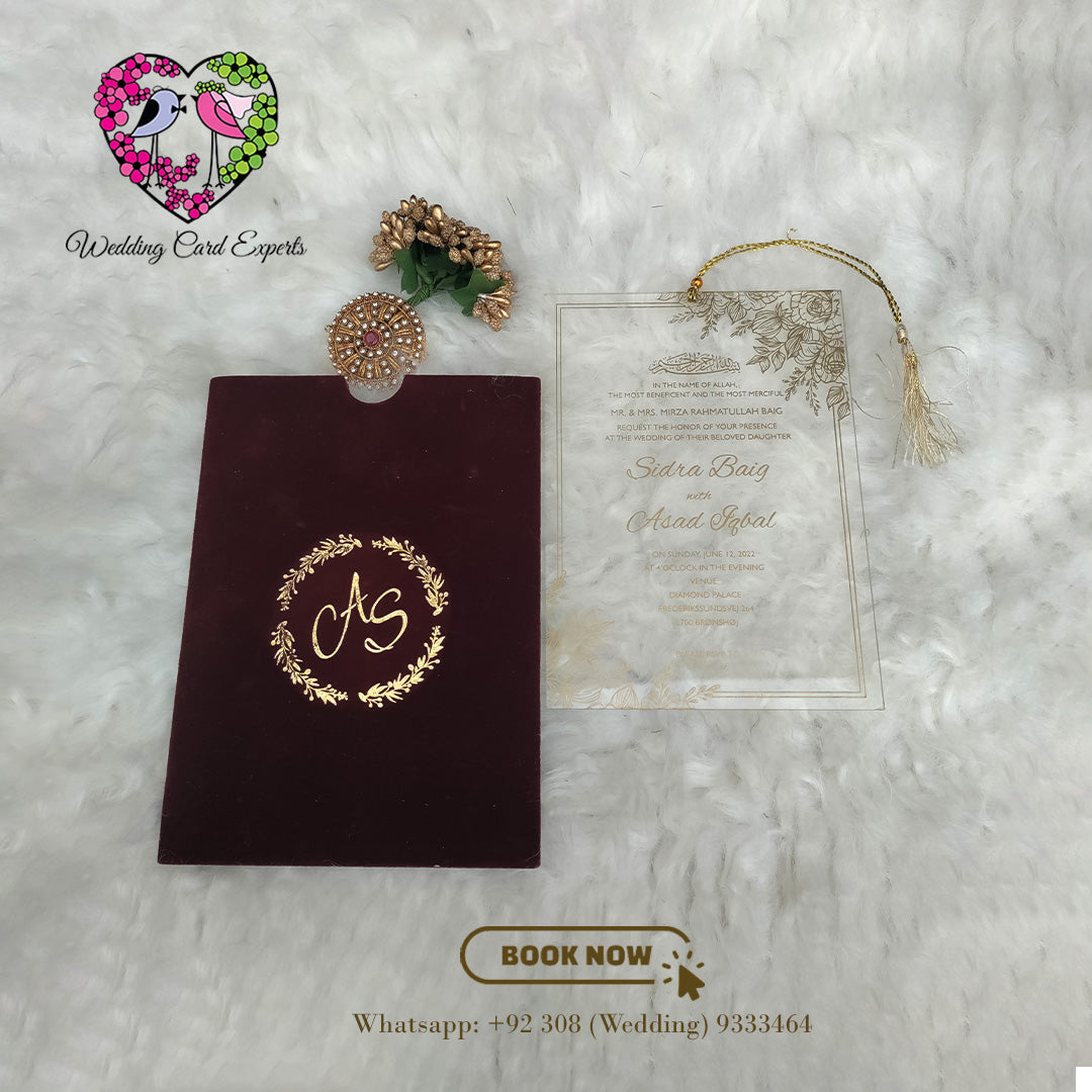 Elegant Velvet Pocket Wedding Card with Transparent Acrylic Insert | Wedding Cards Pakistan | Wedding Card Experts