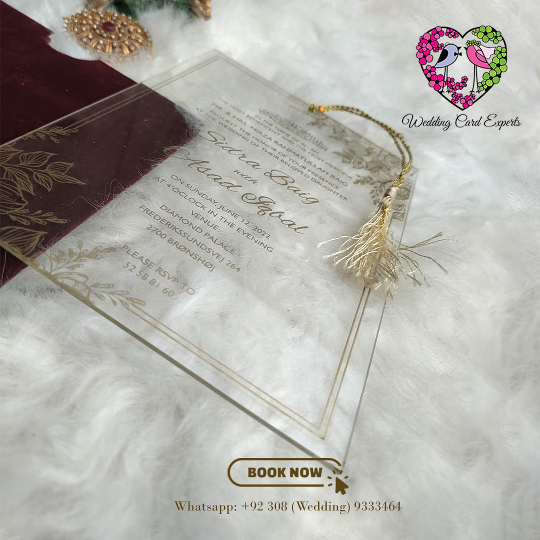 Elegant Velvet Pocket Wedding Card with Transparent Acrylic Insert | Wedding Cards Pakistan | Wedding Card Experts