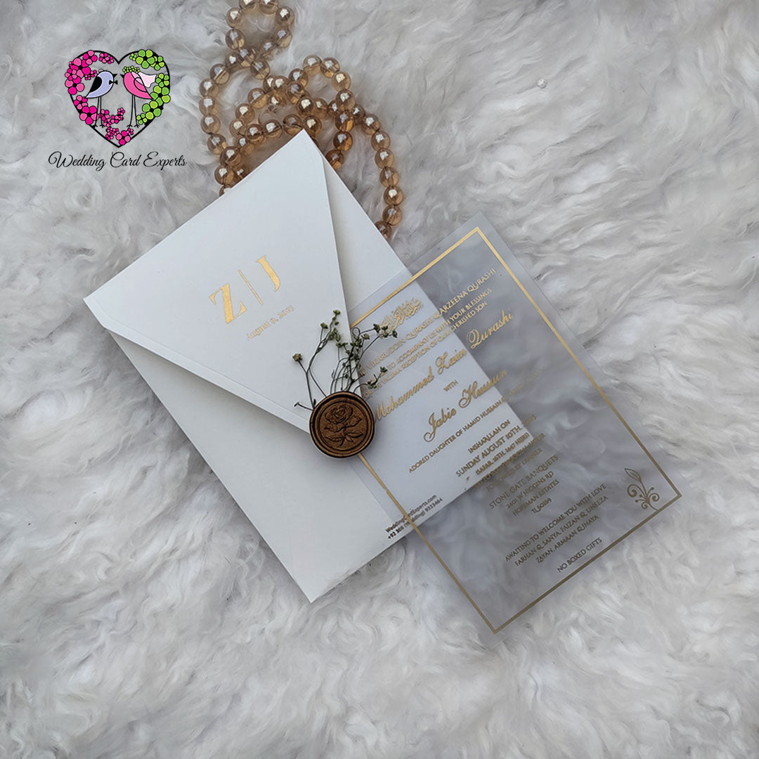 Minimal Frosted PVC Wedding Card with Floral Wax-Sealed Envelope