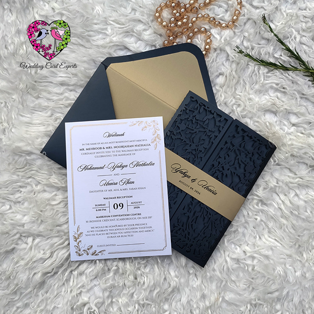 Black gold laser cut gatefold wedding invitation with Walima insert card – Pakistani wedding cards USA