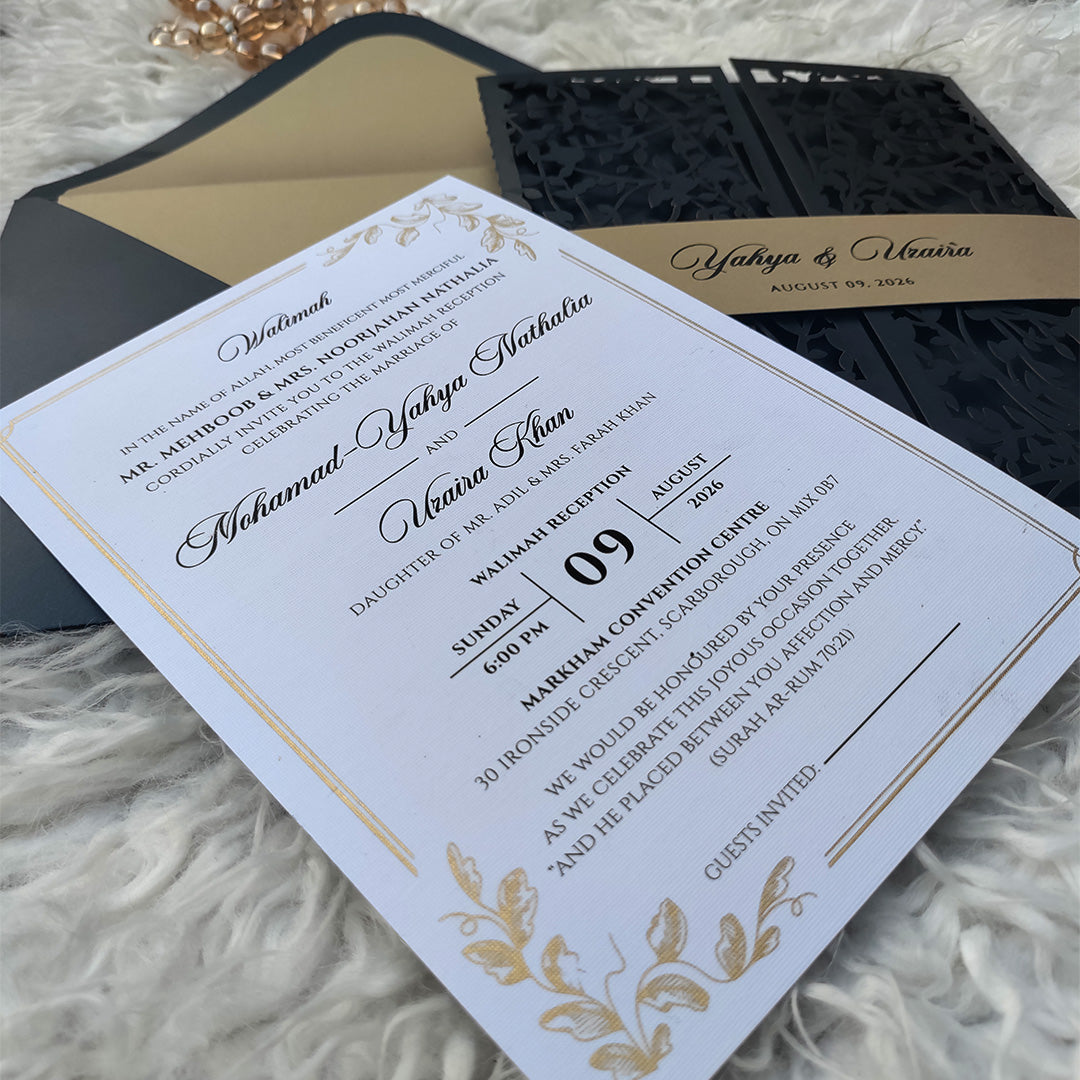 Gold print bordered Walima invitation insert with laser cut black envelope – wedding cards Pakistan