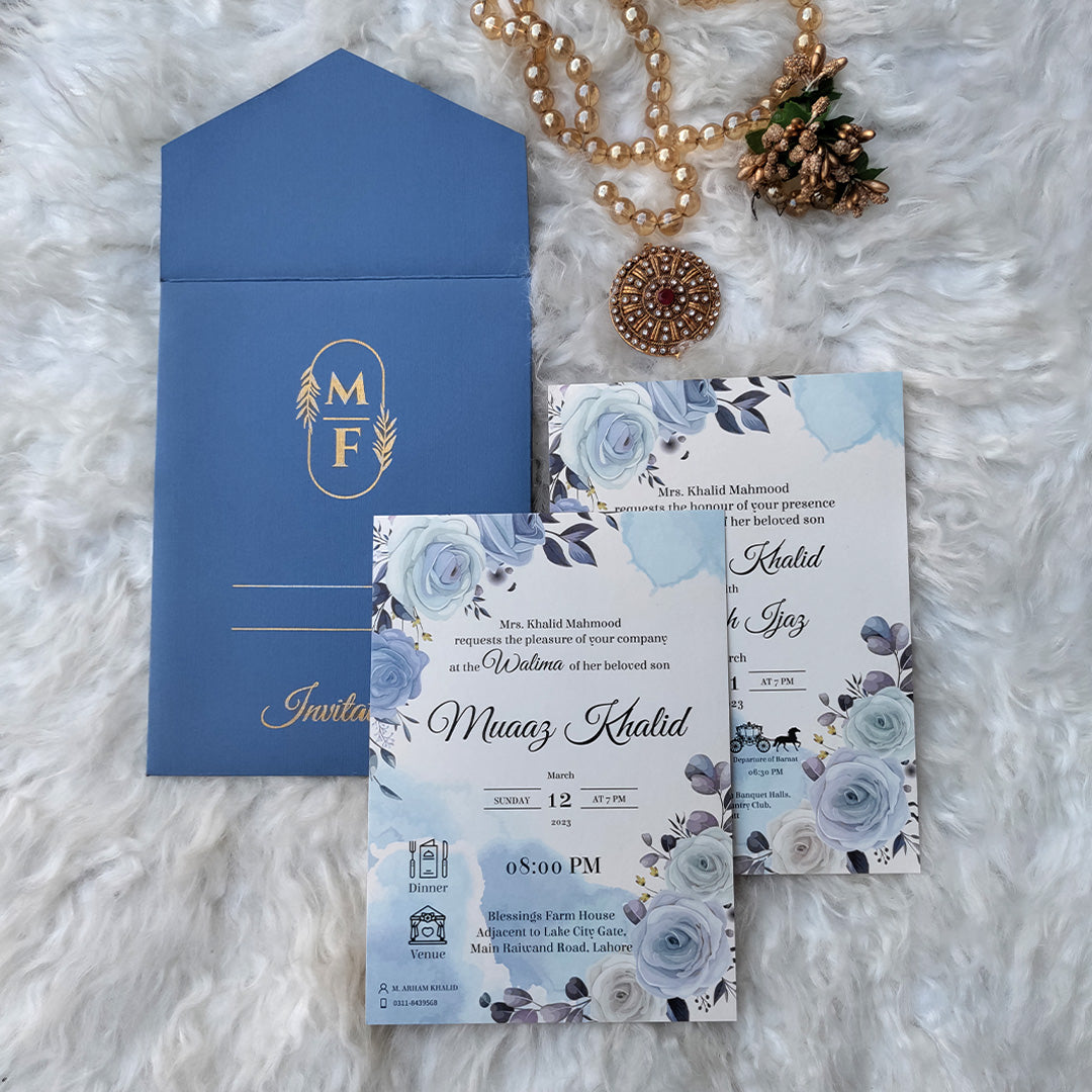 Blue Floral Wedding Invitation Pakistan, Pakistani Wedding Cards, Wedding card Experts, Wedding Cards Pakistan, Custom Wedding Invitaions