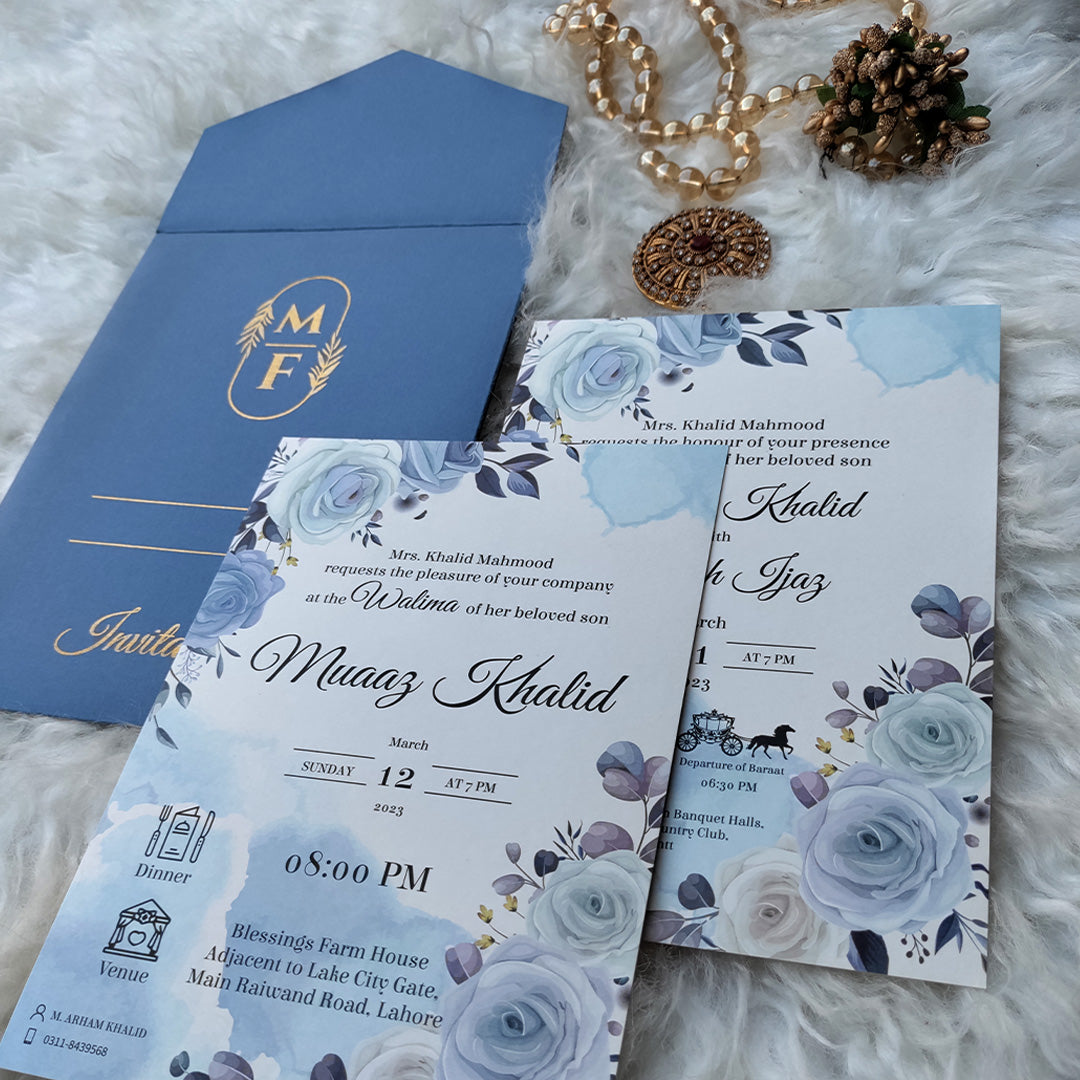 Blue Floral Wedding Invitation Pakistan, Pakistani Wedding Cards, Wedding card Experts
