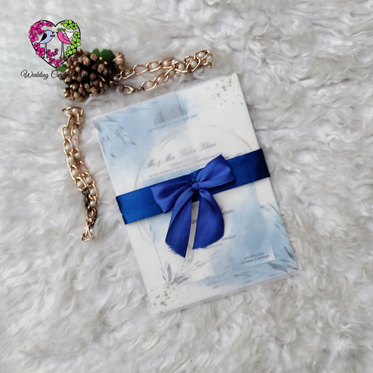Blue Themed Wedding Invitation – Vellum Paper with Ribbon | Pakistani Wedding Cards