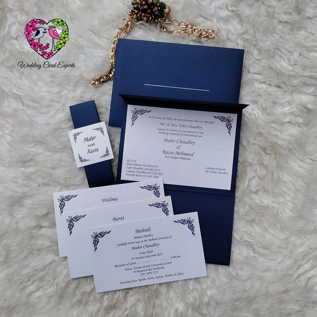 Complete Pakistani wedding invitation set, navy blue gatefold holder open, Mehndi Barat Walima insert cards, personalized couple tag, wedding cards worldwide delivery, Wedding Card Experts