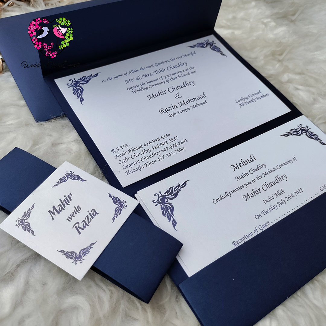Personalized couple name tag belly band, navy blue arabesque design, custom shadi card Pakistan, luxury wedding invitation set, crafted with love, Wedding Card Experts