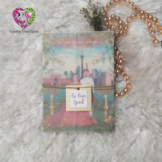 Printed vellum organza wedding card wrap, gold floral overlay, be our guest gift tag, gold twine, unique Pakistani wedding invitation, Wedding Card Experts