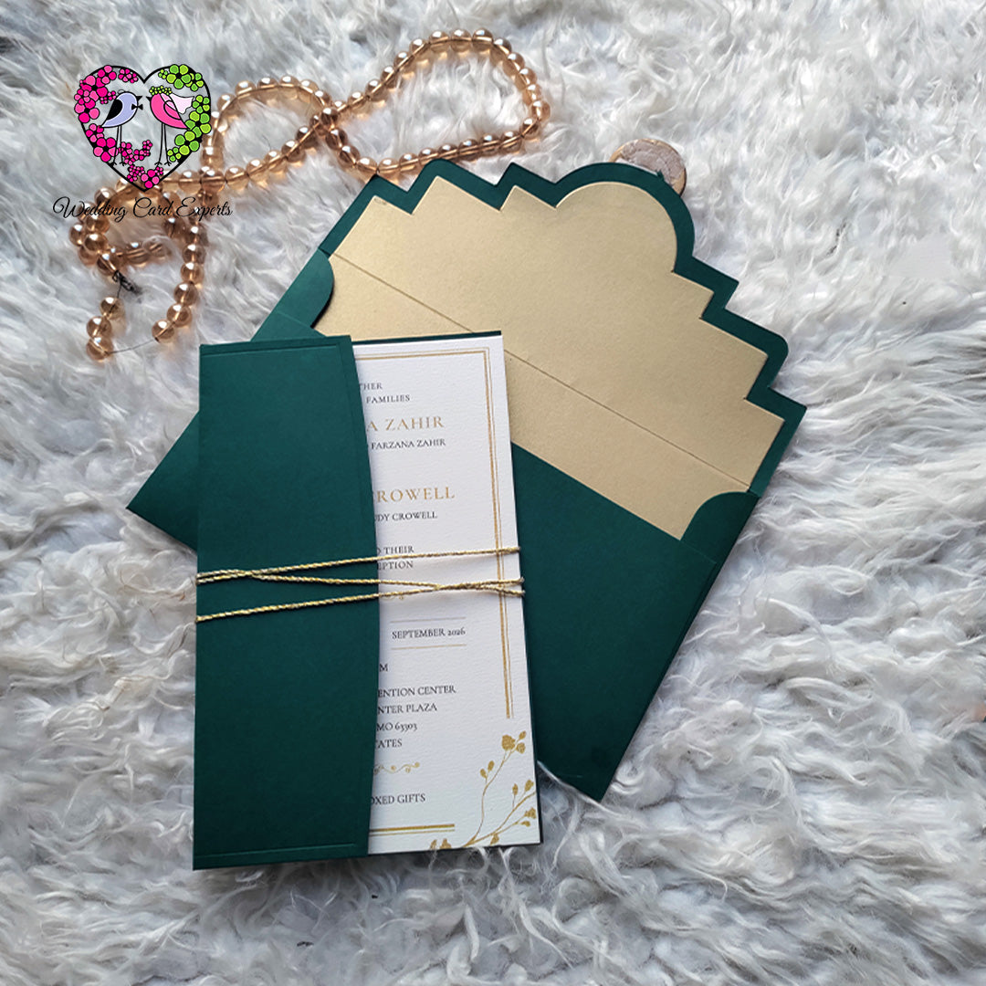 Emerald green wedding invitation with gold wax seal and twine – Wedding Card Experts Lahore