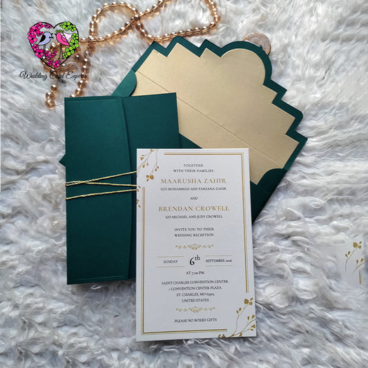 Green pocket wedding card with scalloped gold-lined envelope – Pakistani wedding invitations