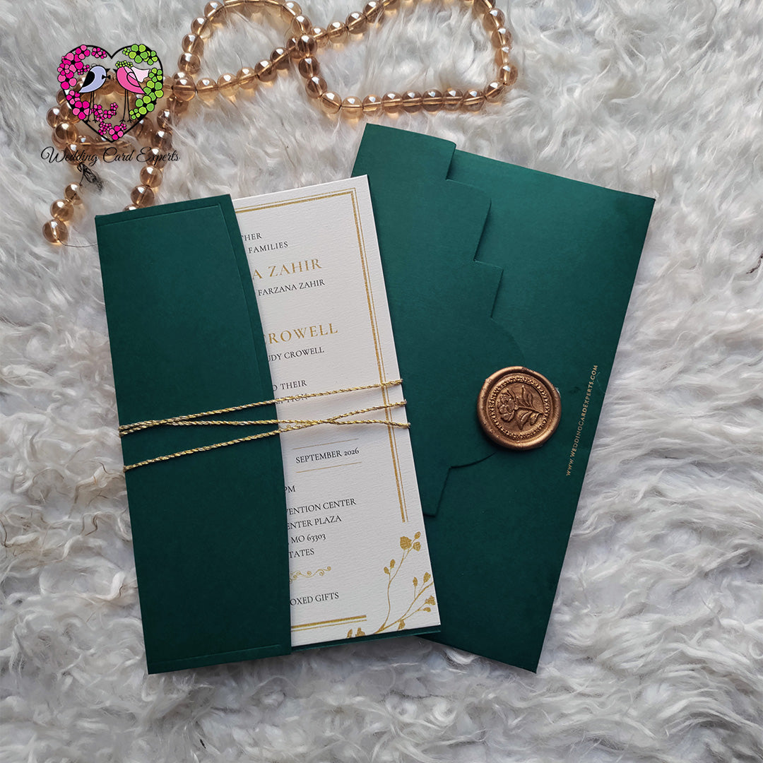Gold bordered wedding reception invitation card with botanical accents – wedding cards Pakistan