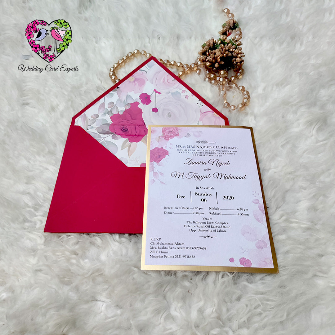 rose floral wedding invitation set, crimson envelope, gold border card, Pakistani wedding cards online, worldwide delivery, WeddingCardExperts.com