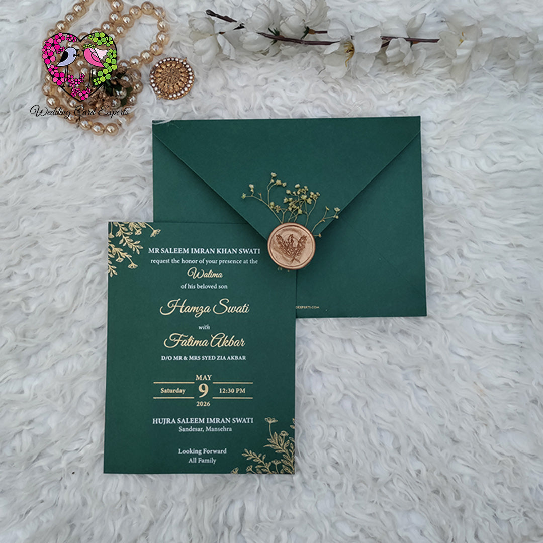 Dark green and gold Walima Pakistani wedding card with personalised 
couple monogram envelope with Wax Stamp and organic flowers 