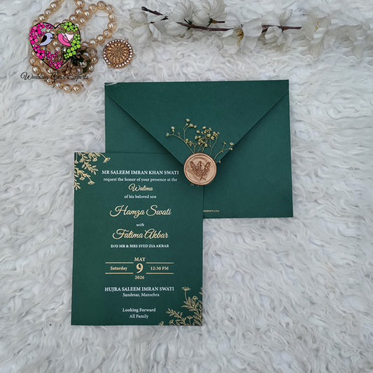 Dark green and gold Walima Pakistani wedding card with personalised 
couple monogram envelope with Wax Stamp and organic flowers 