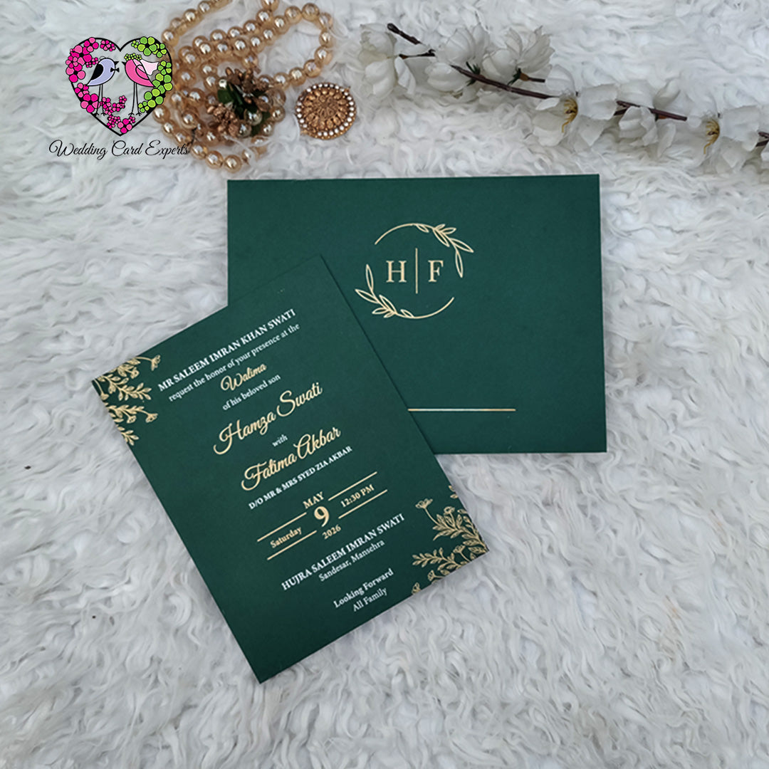 Dark green and gold Walima Pakistani wedding invitation with personalised 
couple monogram envelope with Wax Stamp and organic flowers 