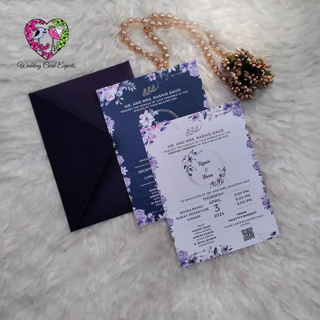 Purple Blossom Elegance – Floral Wedding Invitation with Pakistani Charm