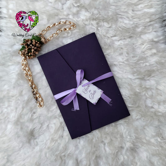Purple-Themed Tri-Fold Wedding Invitation with Custom Name Tag & Ribbon Knot