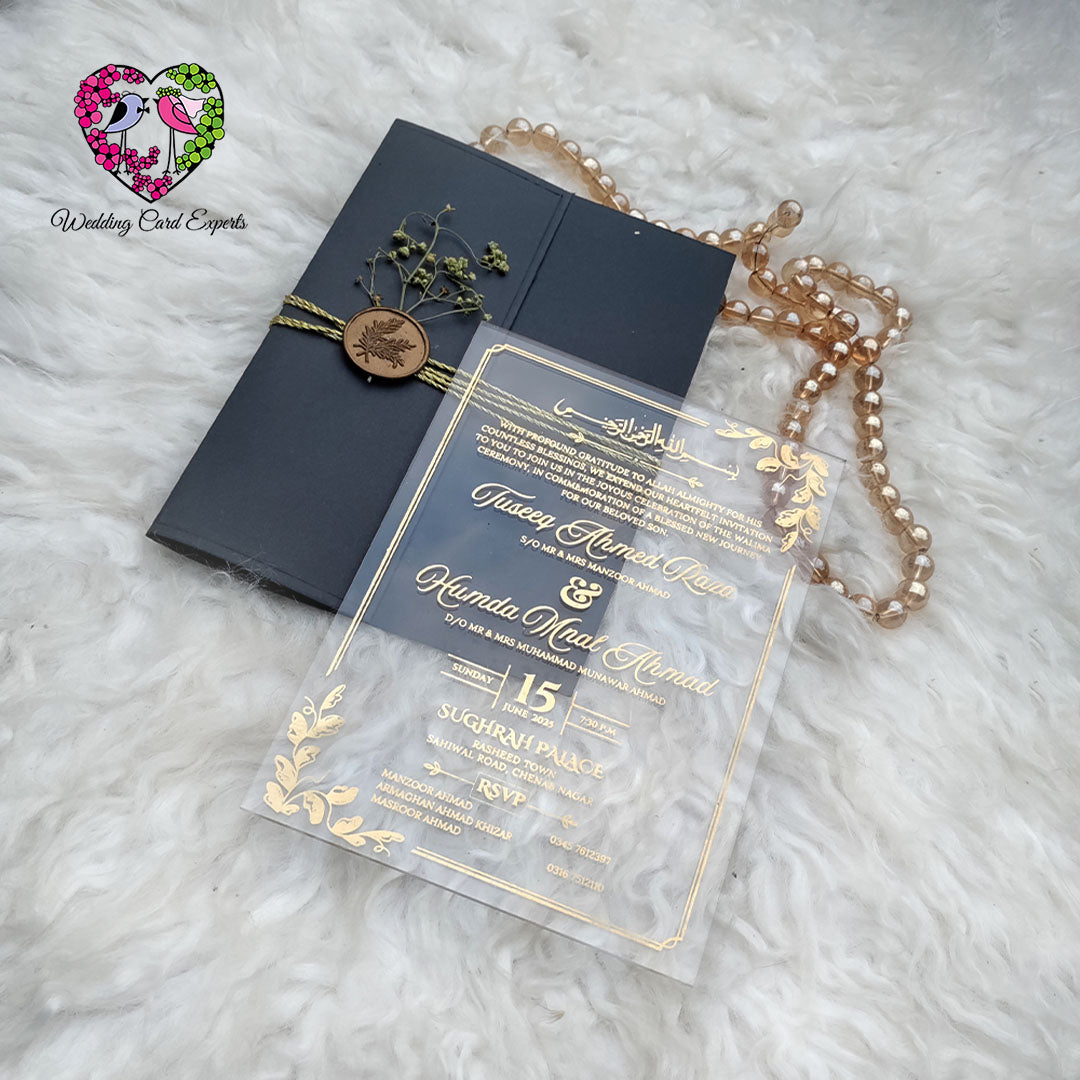 Trendy Acrylic Wedding Invitation with Half-Cut Jacket & Romantic Floral Wax Seal